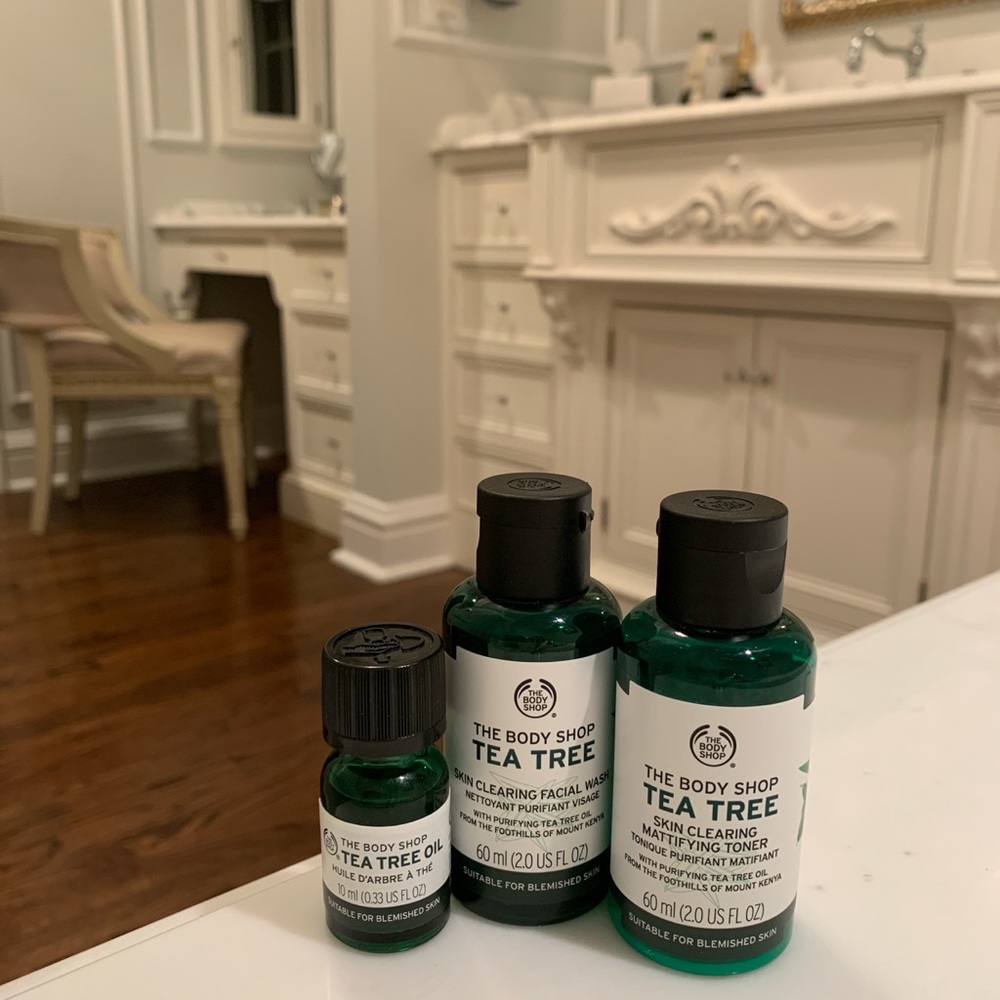 The Body Shop facial wash, toner, and tea tree oil